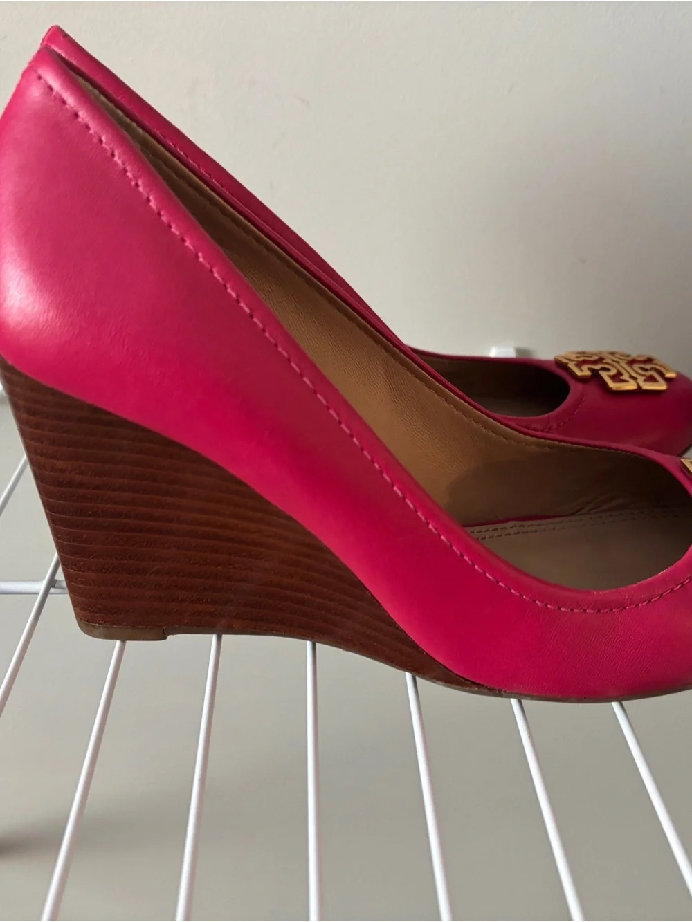 Tory Burch Hot Pink Leather Logo Wedges